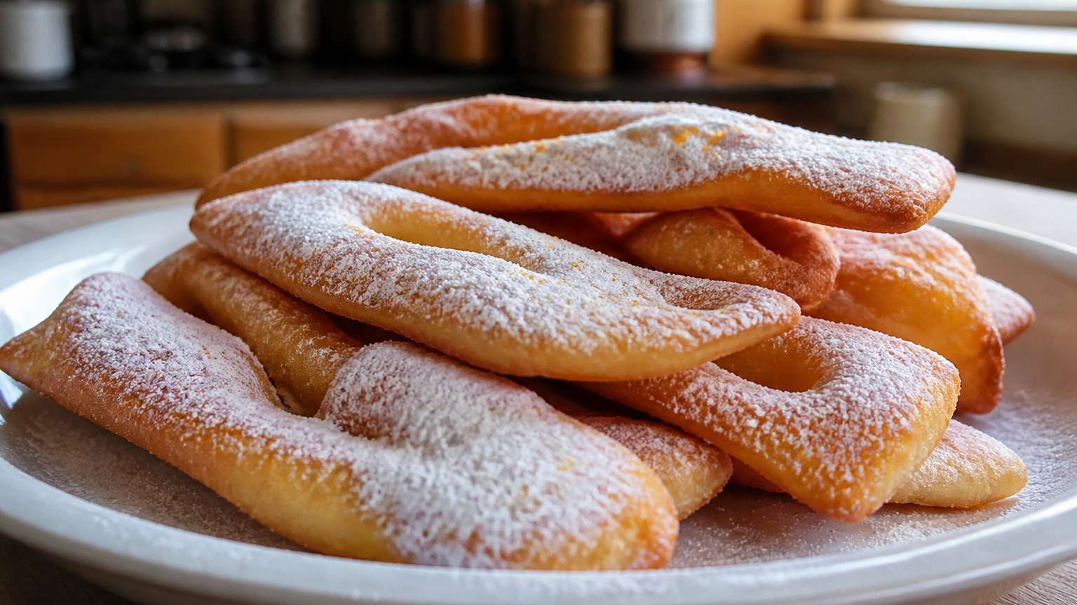 Calzones rotos chilenos dorados, espolvoreados con azúcar flor y servidos junto a una taza de té