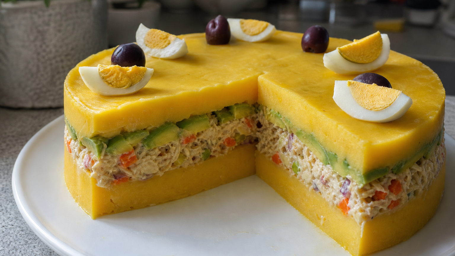 Causa limeña de pollo en capas de papa amarilla, relleno cremoso, aguacate, huevo cocido y aceitunas negras