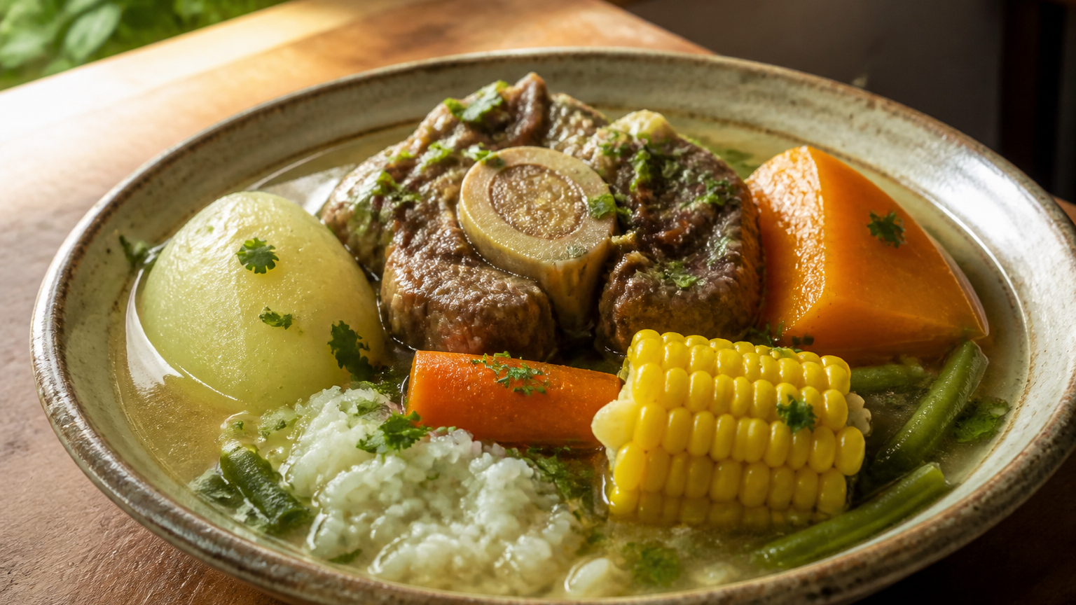 Cazuela de vacuno chilena servida en plato hondo con carne, papa, zapallo, choclo, arroz y porotos verdes