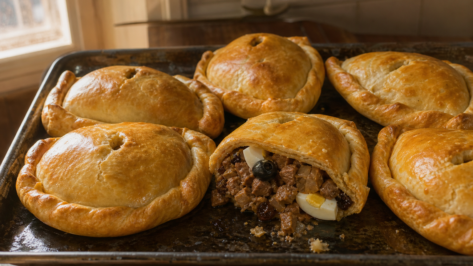 Empanadas de pino chilenas al horno, doradas y rellenas de carne, cebolla, aceituna, huevo y pasas