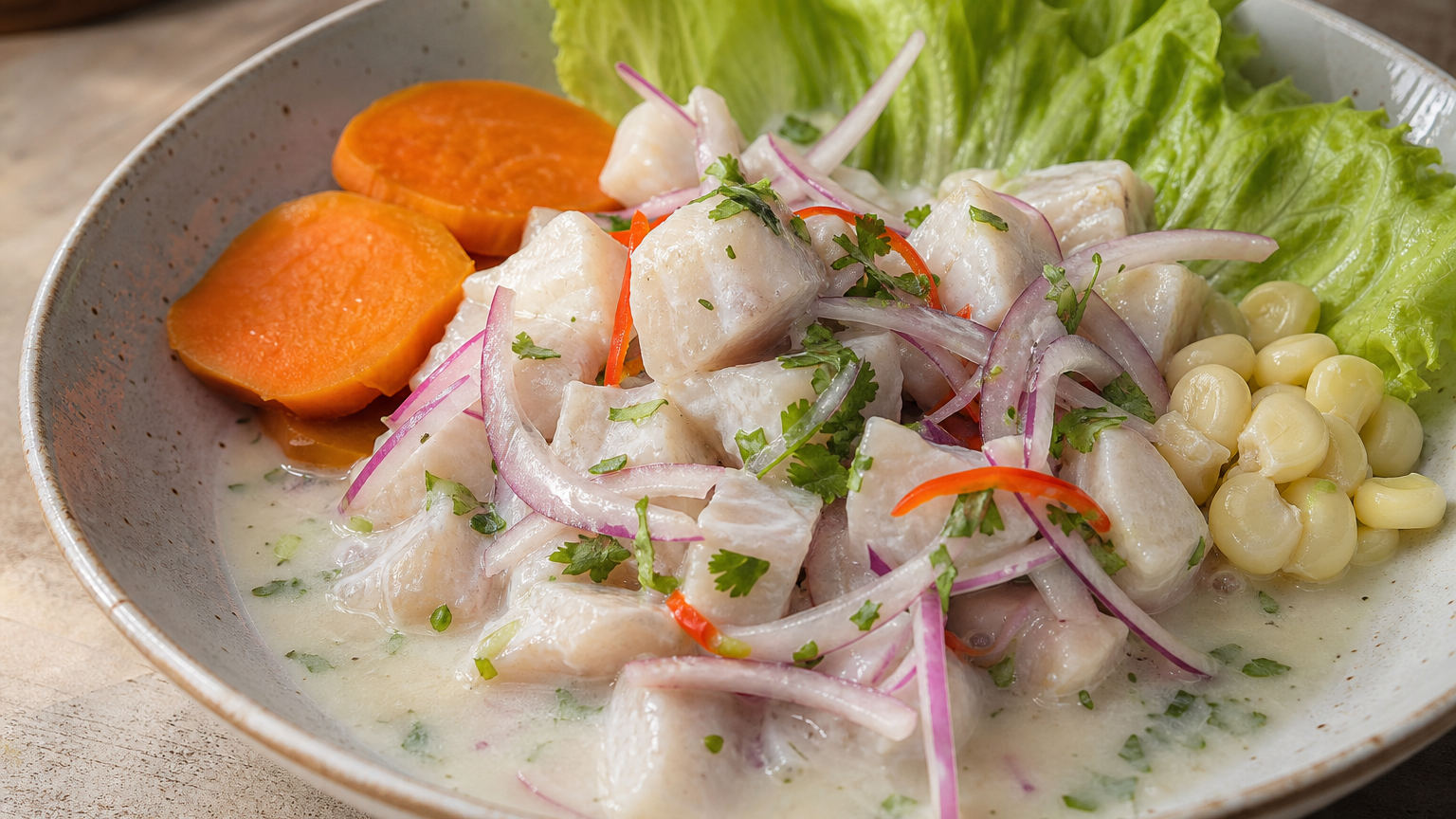 Ceviche peruano de corvina con leche de tigre, cebolla morada, camote, maíz y ají