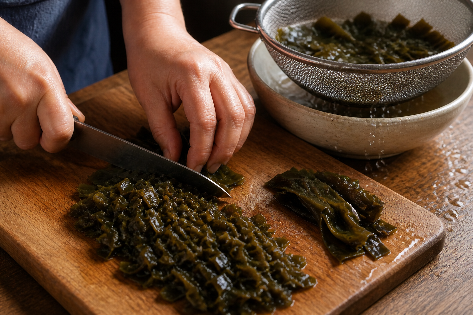 Cortar el cochayuyo para preparar Charquicán de Cochayuyo Chileno