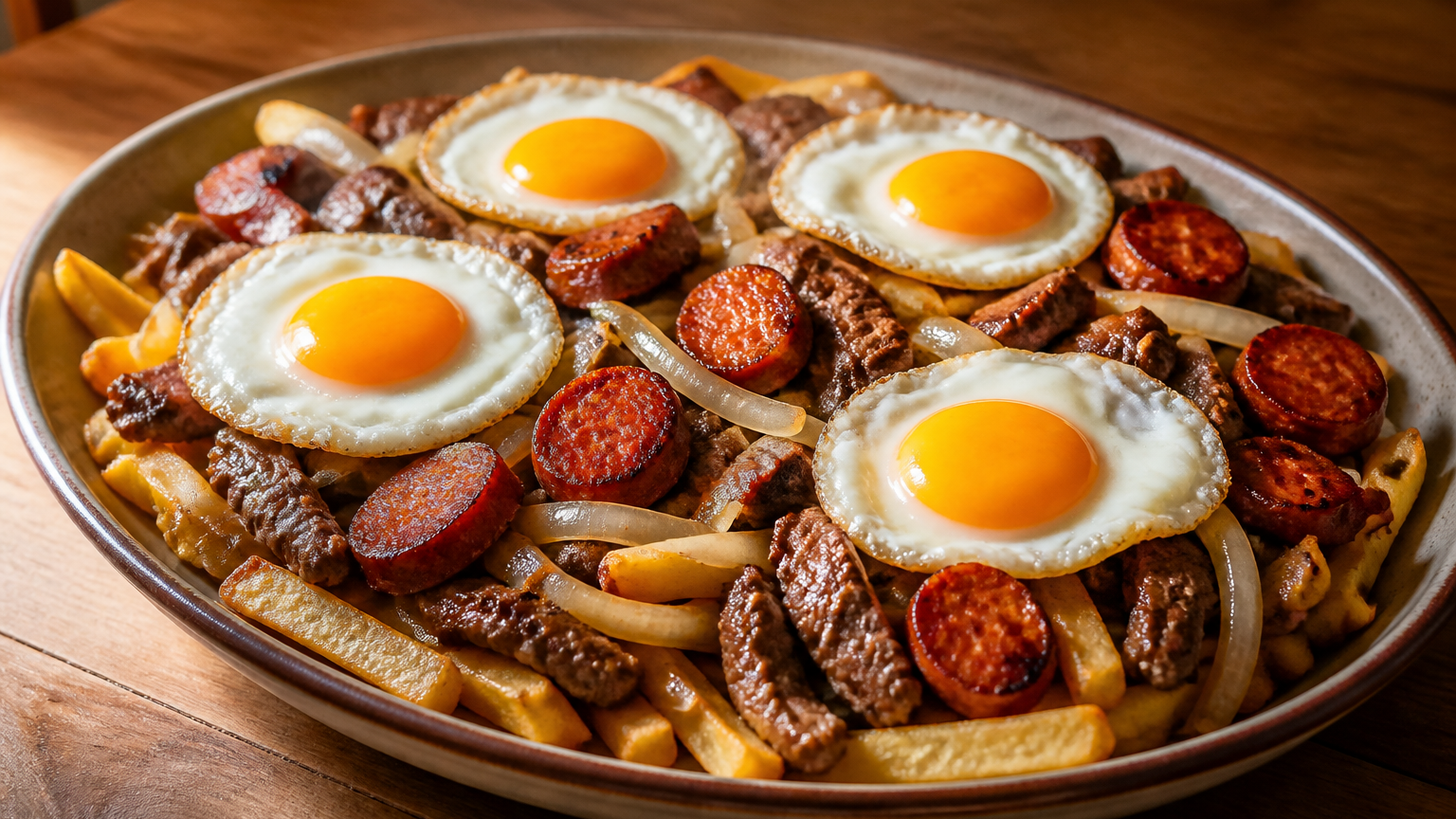 Chorrillana chilena servida en una fuente con papas fritas, carne de vacuno, cebolla, longaniza y huevos