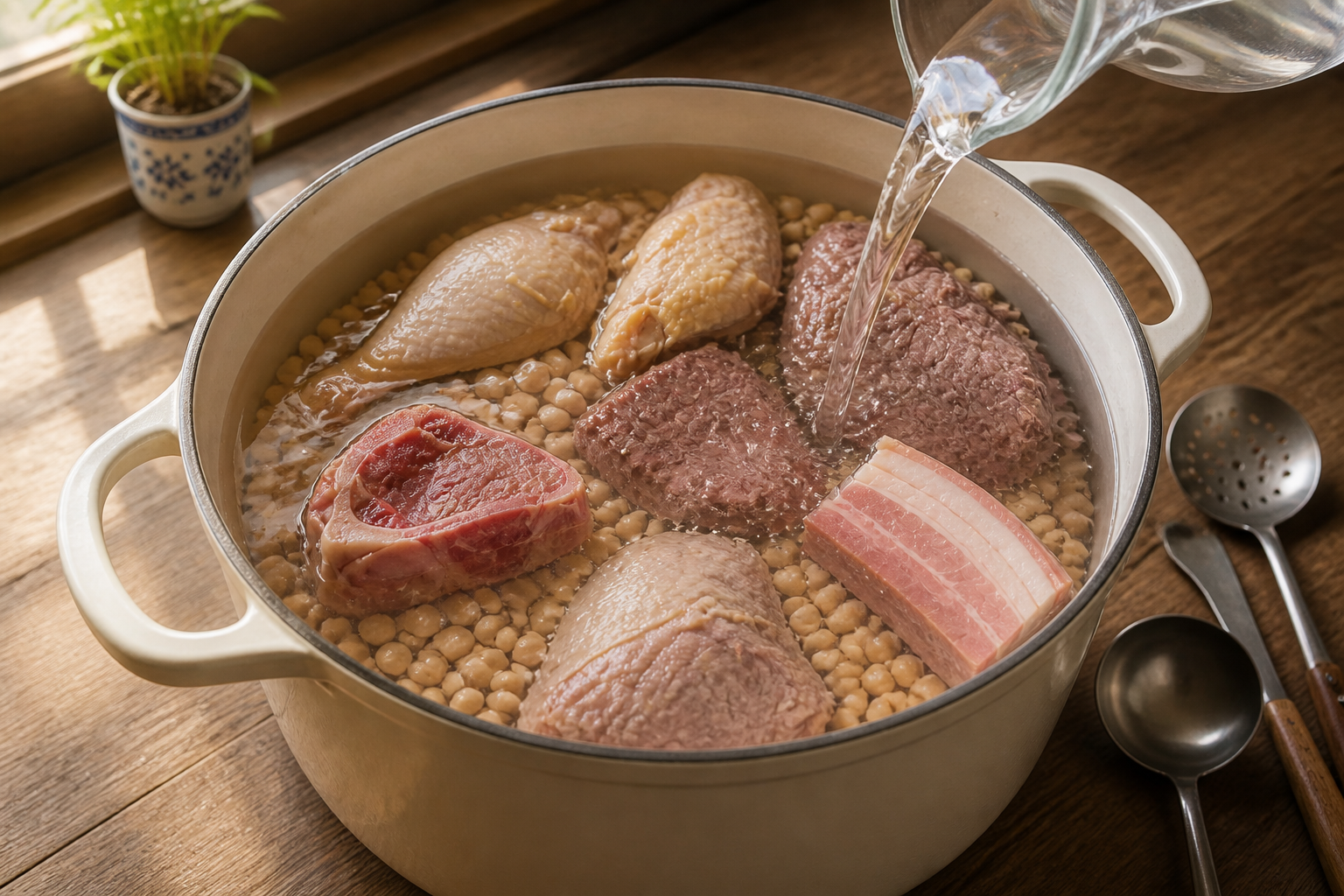 Iniciar la cocción para preparar Cocido Madrileno: la auténtica receta de España