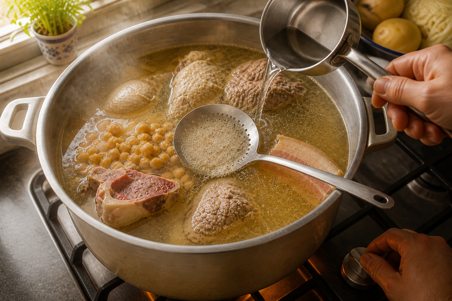 Vigilar el nivel para preparar Cocido Madrileno: la auténtica receta de España