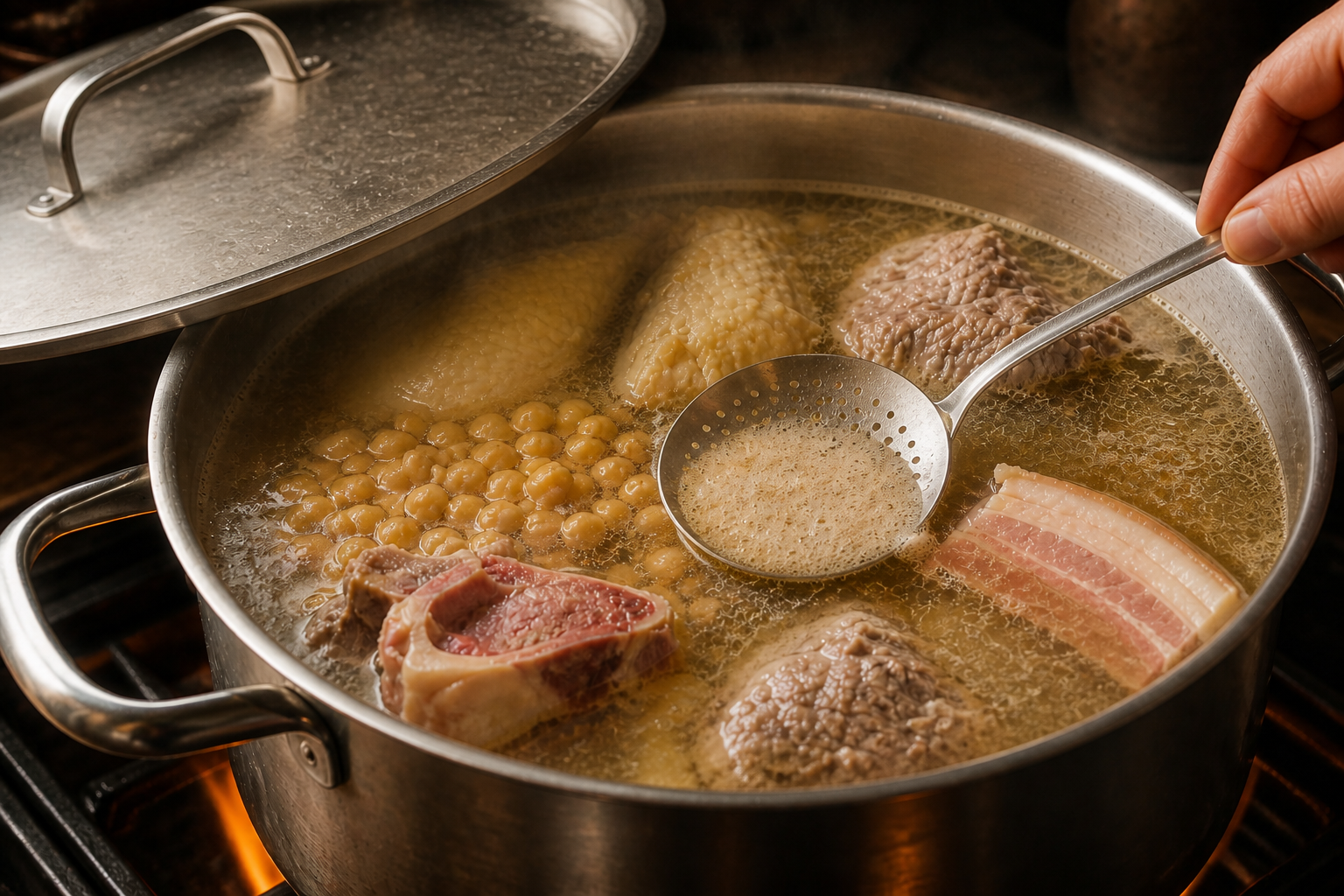 Cocer a fuego bajo para preparar Cocido Madrileno: la auténtica receta de España