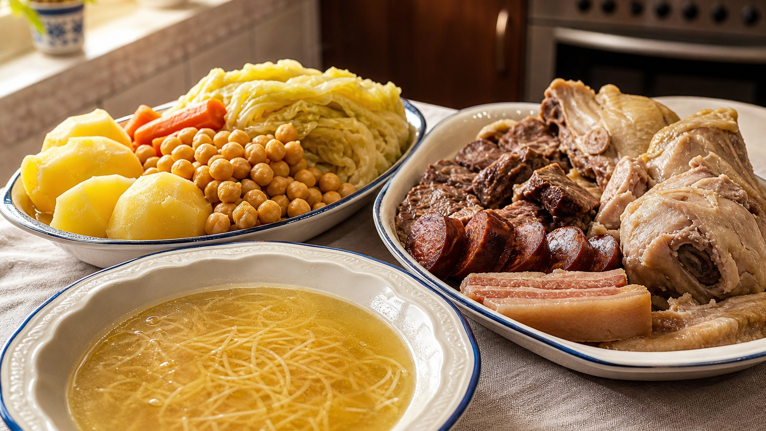 Cocido madrileño servido en tres vuelcos con sopa de fideos, garbanzos, verduras y carnes