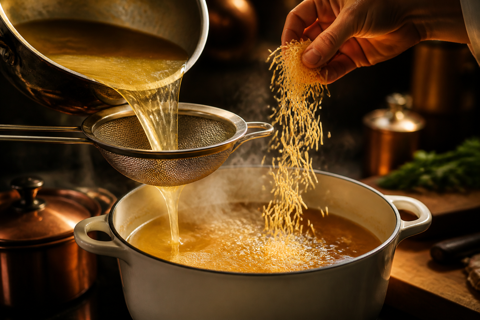 Cocer los fideos para preparar Cocido Madrileno: la auténtica receta de España