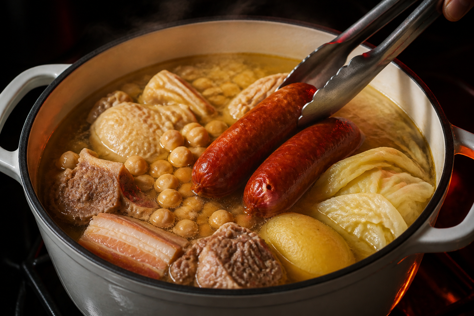 Incorporar los chorizos para preparar Cocido Madrileno: la auténtica receta de España