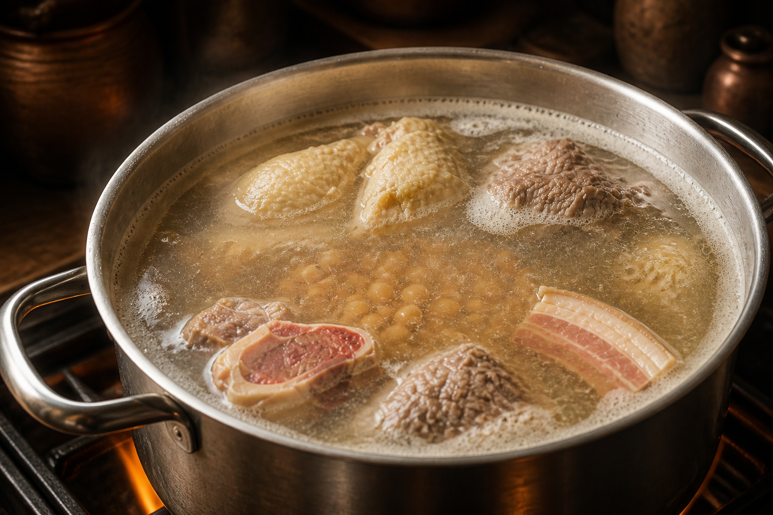 Desespumar el caldo para preparar Cocido Madrileno: la auténtica receta de España