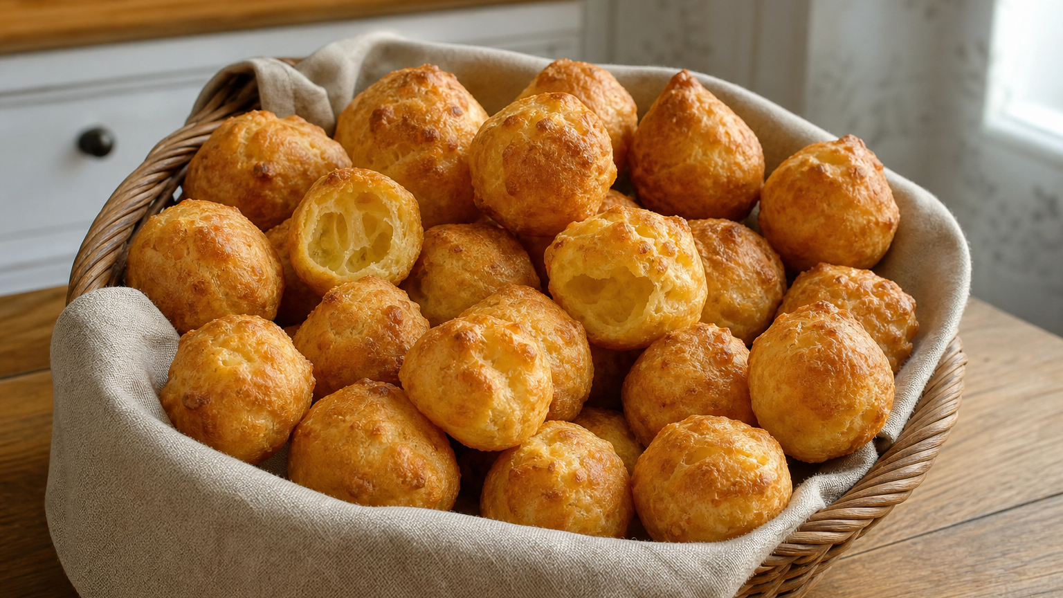 Gougères francesas doradas de queso Comté servidas en una cesta