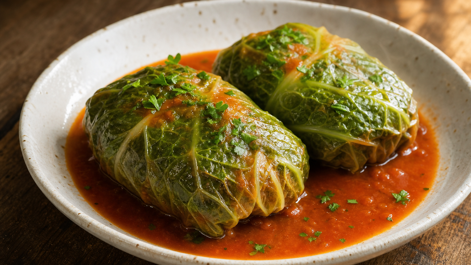 Atadillos franceses de hojas de col rellenas de cerdo, servidos con salsa de tomate