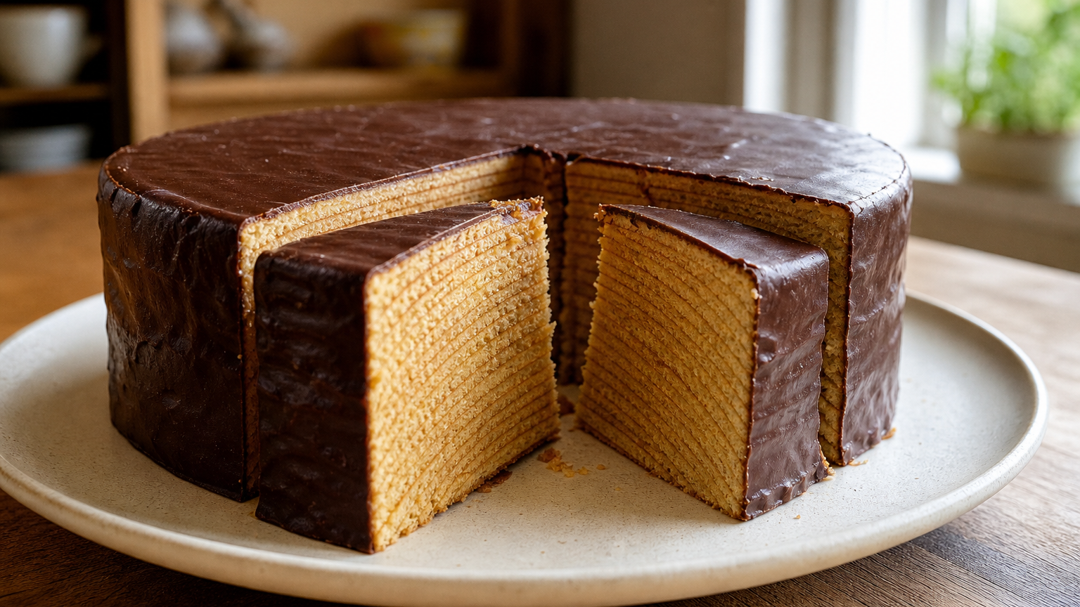 Baumkuchen alemán cubierto de chocolate negro, cortado para mostrar sus finas capas concéntricas
