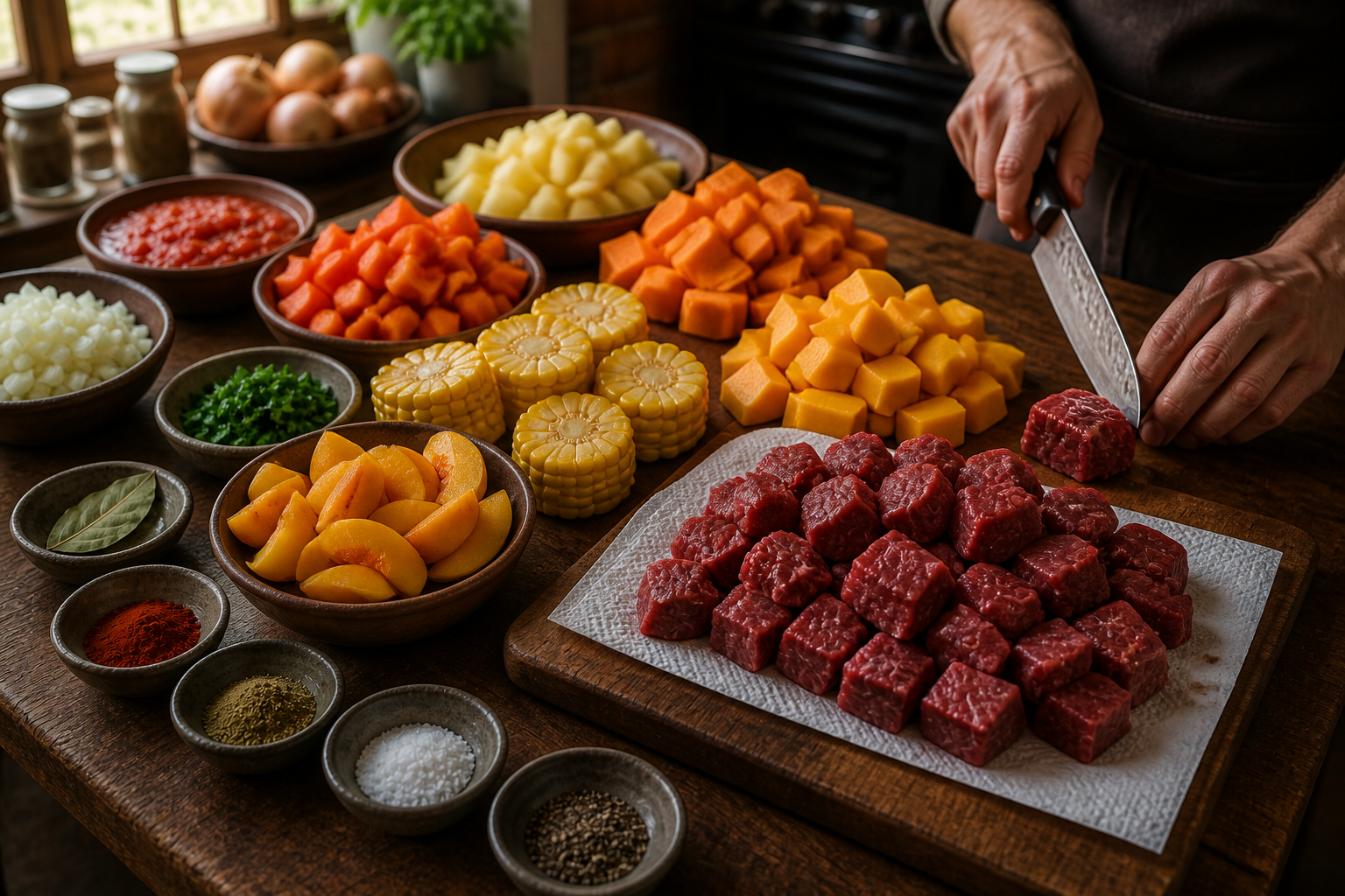 Preparar los ingredientes para preparar Cómo hacer Carbonada Criolla Argentina, una receta tradicional de Argentina