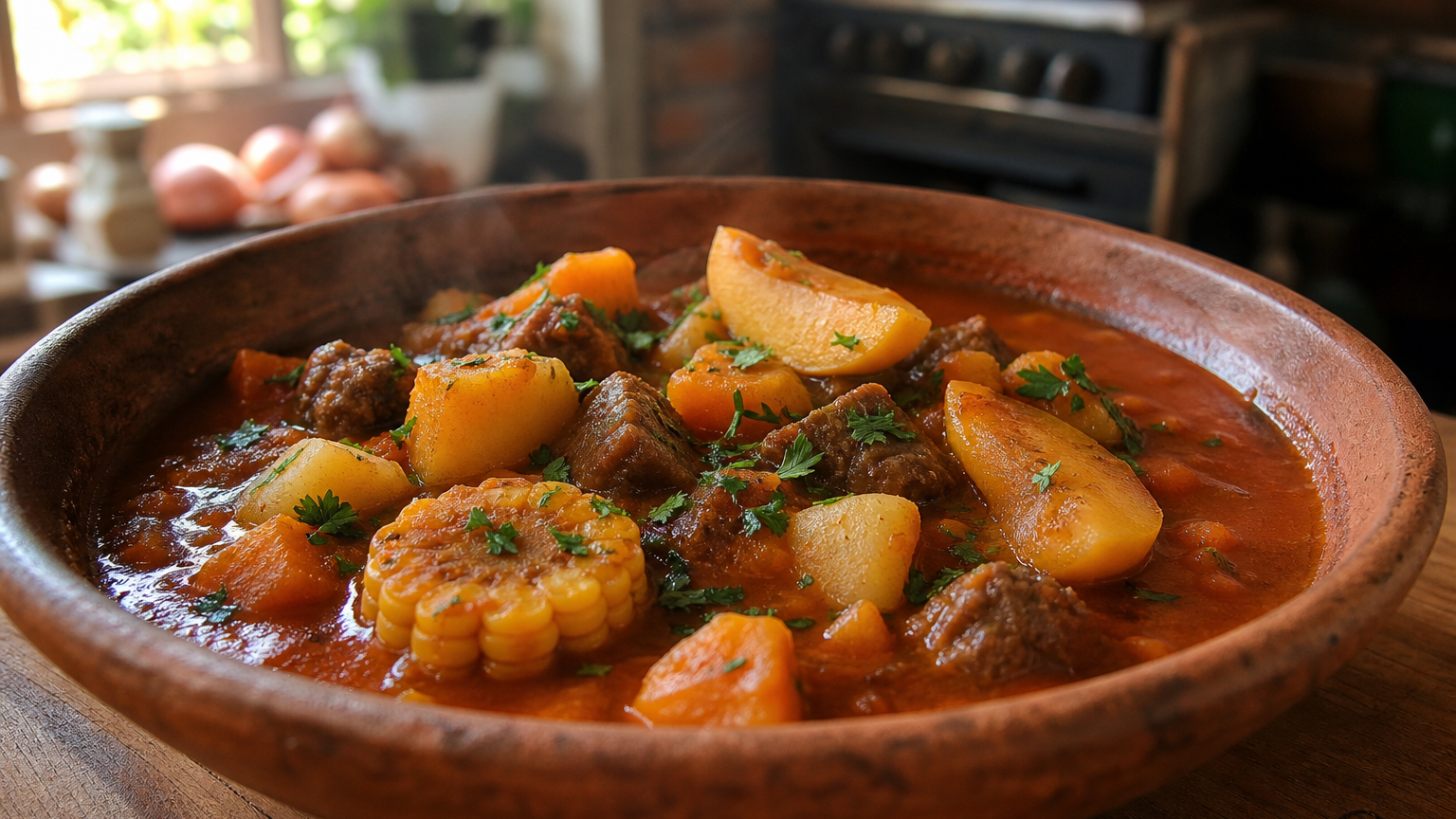 Carbonada criolla argentina servida caliente en un plato hondo, con carne, papas, batatas, zapallo, choclo y durazno