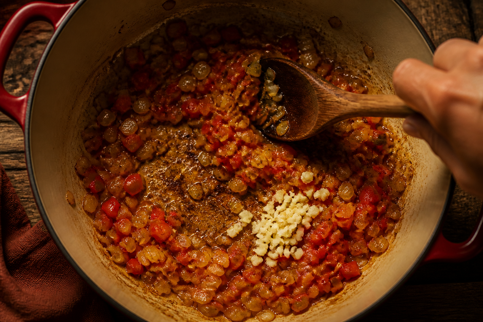 Sofreír las verduras para preparar Cómo hacer Carbonada Criolla Argentina, una receta tradicional de Argentina