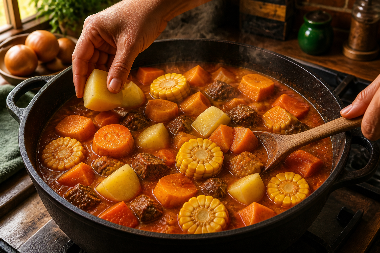 Incorporar tubérculos para preparar Cómo hacer Carbonada Criolla Argentina, una receta tradicional de Argentina