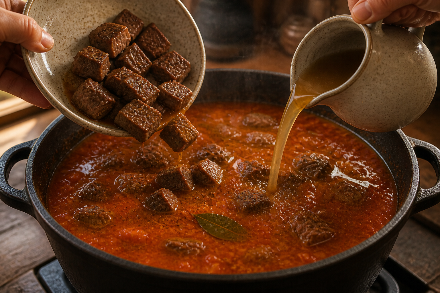 Añadir carne y caldo para preparar Cómo hacer Carbonada Criolla Argentina, una receta tradicional de Argentina