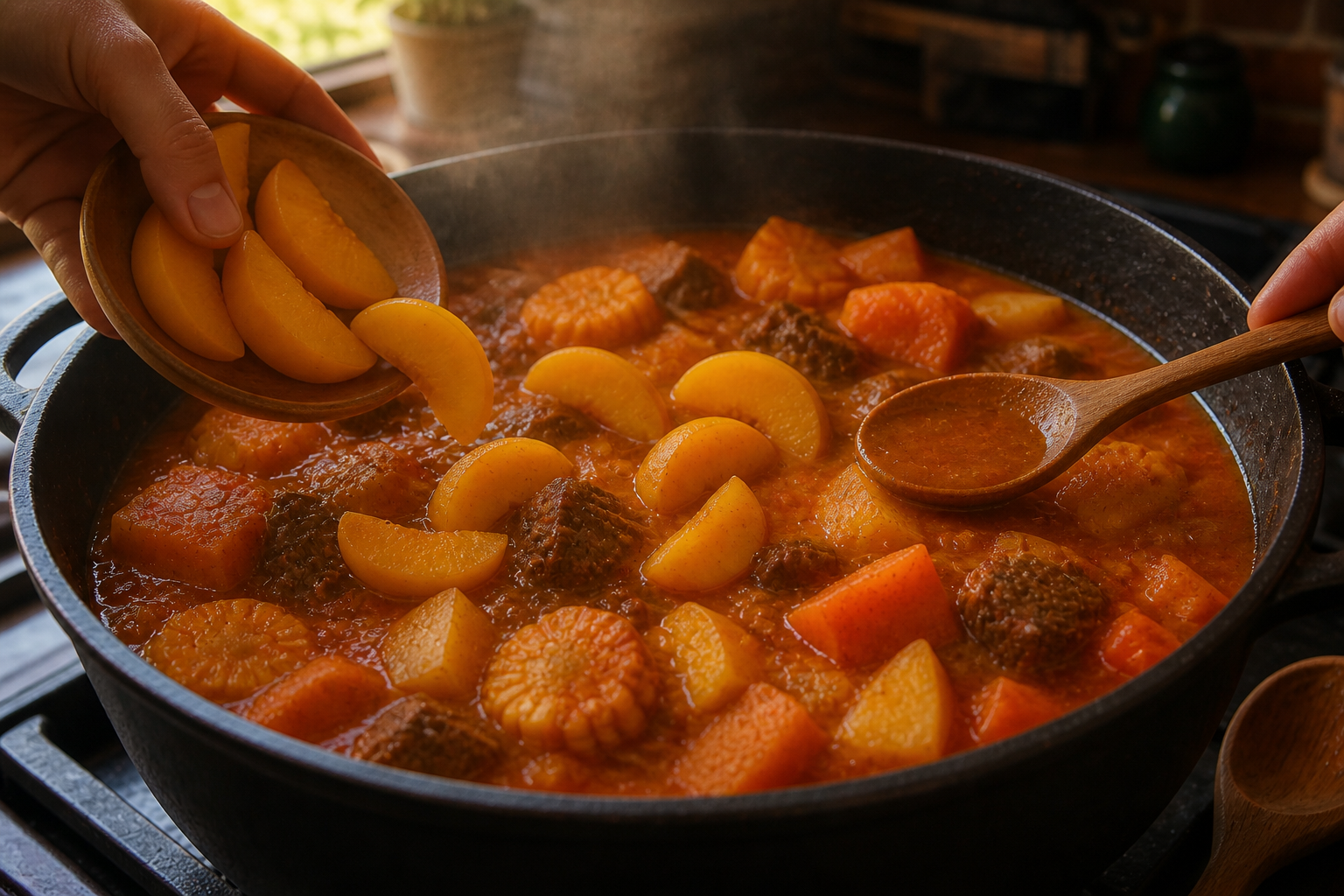 Agregar los duraznos para preparar Cómo hacer Carbonada Criolla Argentina, una receta tradicional de Argentina