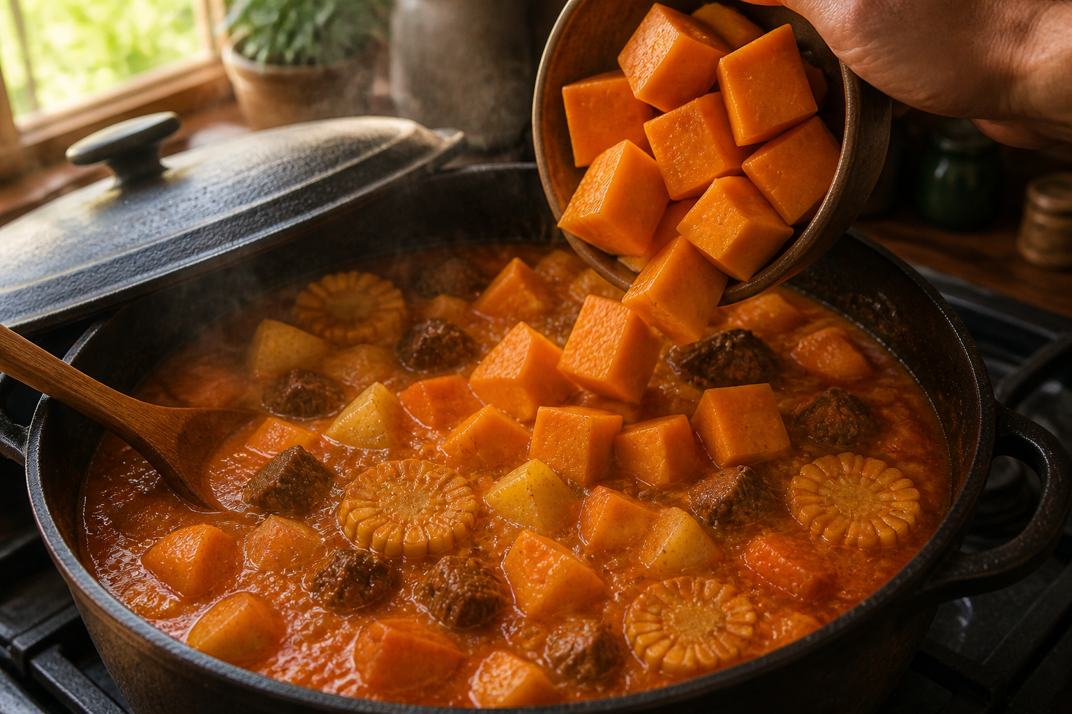 Cocer el zapallo para preparar Cómo hacer Carbonada Criolla Argentina, una receta tradicional de Argentina
