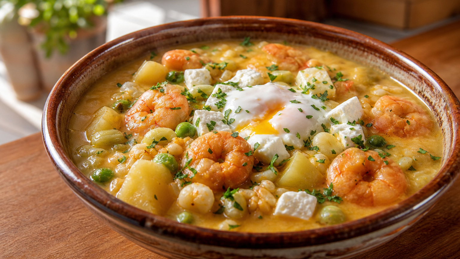 Chupe de camarones peruano cremoso servido con papas, choclo, huevo, queso fresco y huacatay