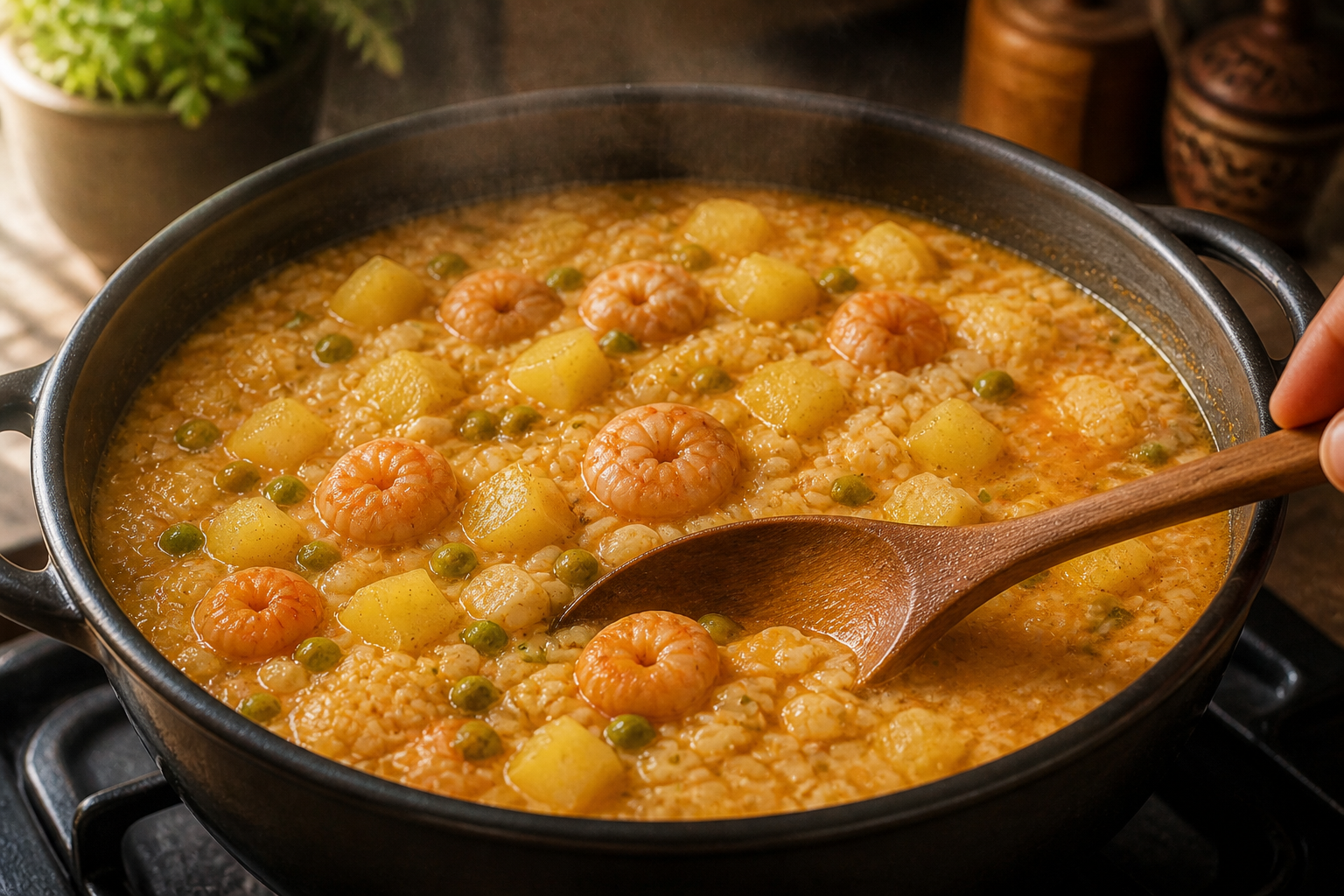 Integrar tomate y caldo para preparar Cómo hacer Chupe de Camarones Peruano, una receta tradicional de Perú