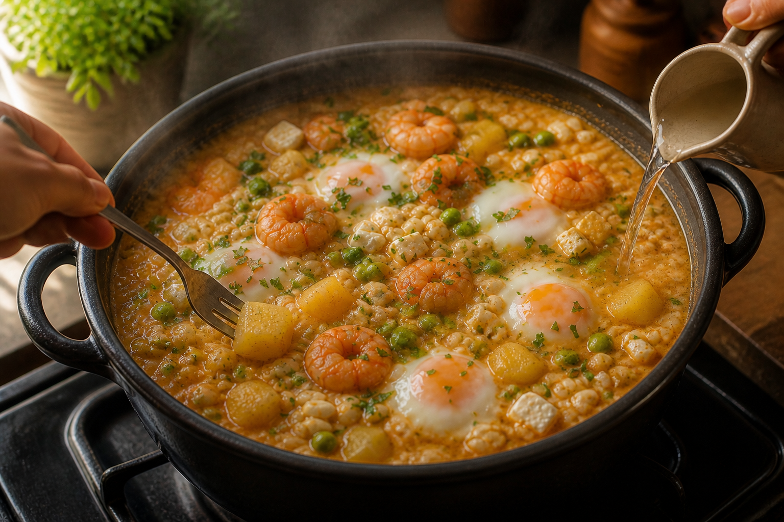 Cocer verduras y arroz para preparar Cómo hacer Chupe de Camarones Peruano, una receta tradicional de Perú