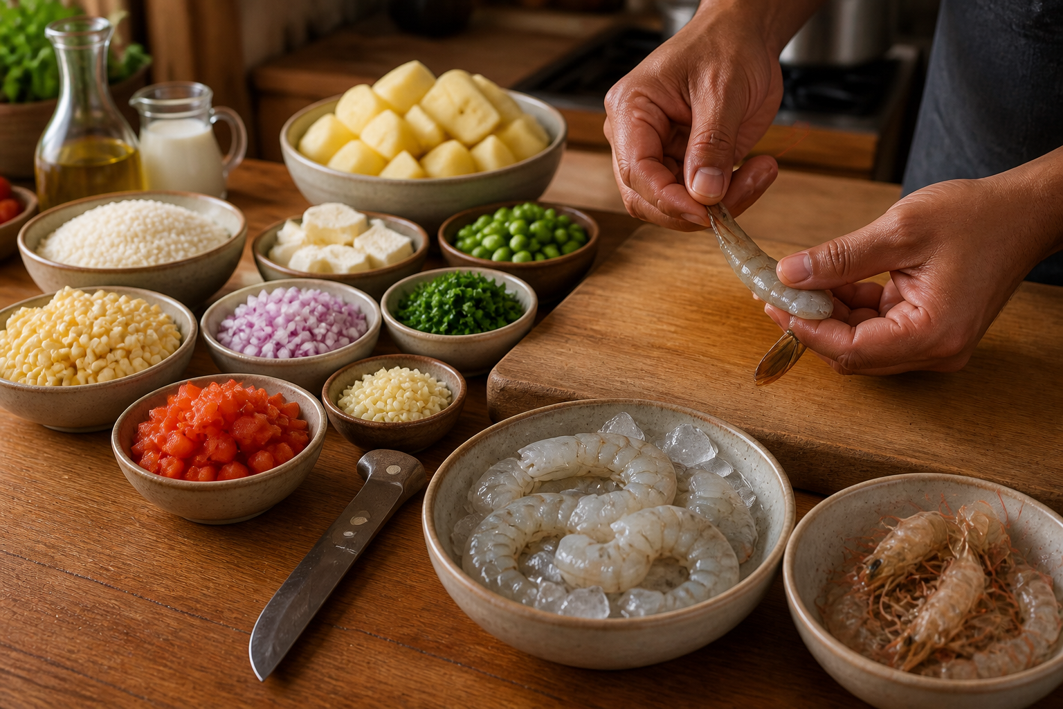 Preparar los ingredientes para preparar Cómo hacer Chupe de Camarones Peruano, una receta tradicional de Perú