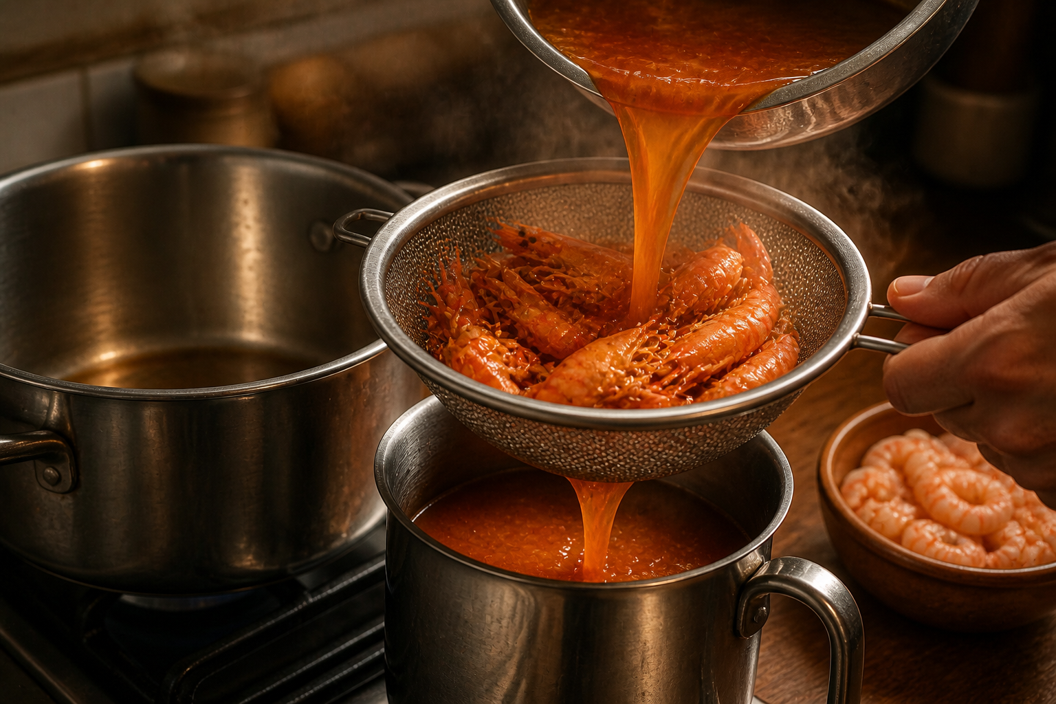 Colar el caldo para preparar Cómo hacer Chupe de Camarones Peruano, una receta tradicional de Perú