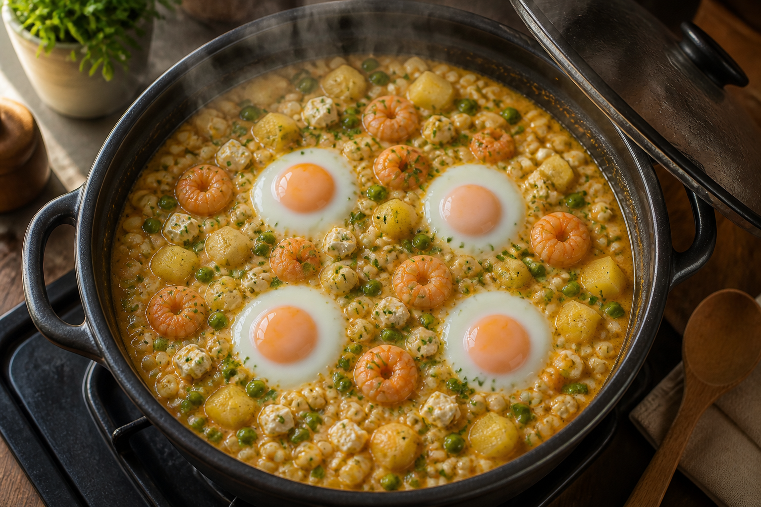 Cuajar los huevos para preparar Cómo hacer Chupe de Camarones Peruano, una receta tradicional de Perú