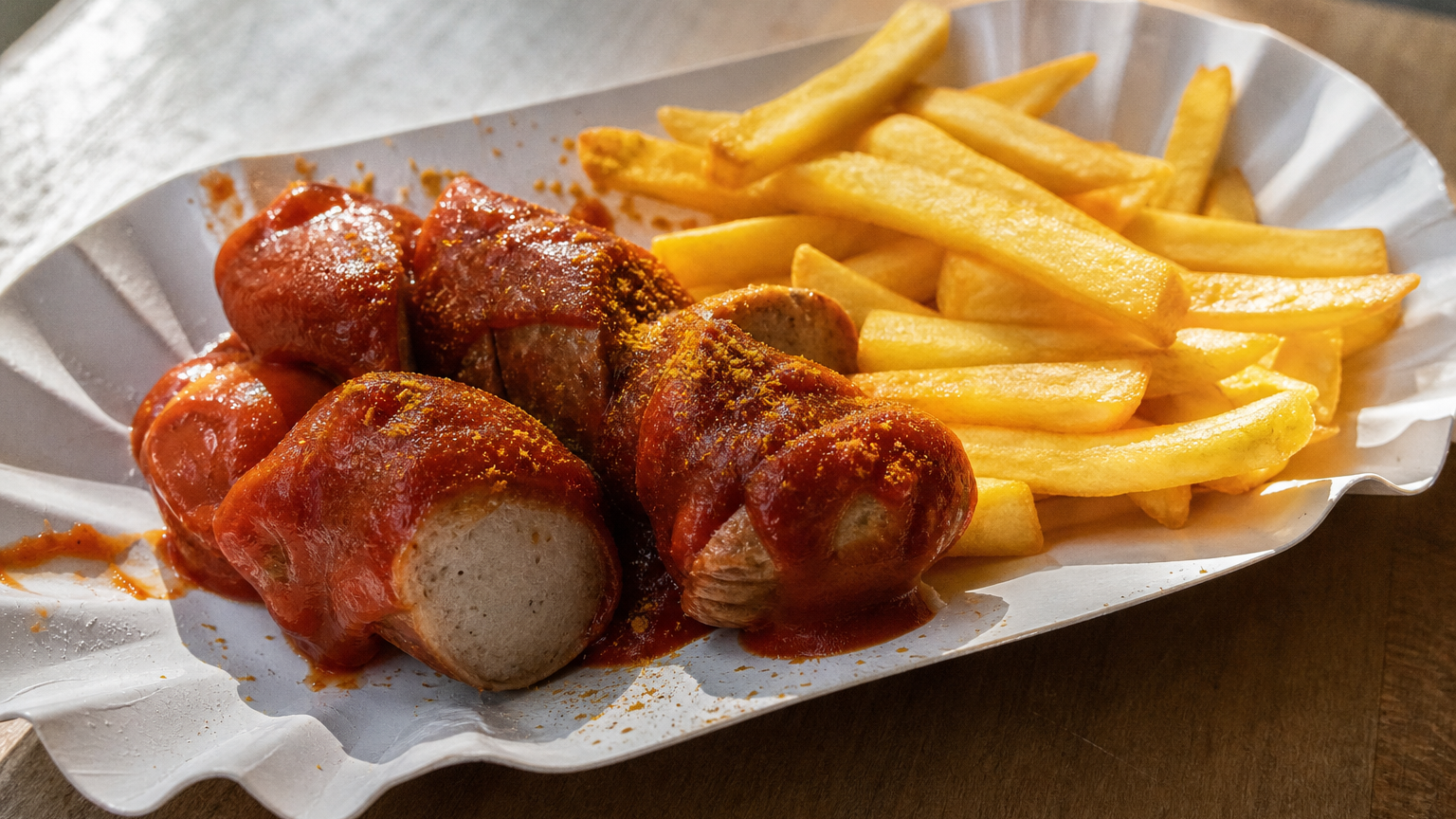Currywurst alemana con bratwurst en trozos, salsa de tomate y curry, y papas fritas doradas