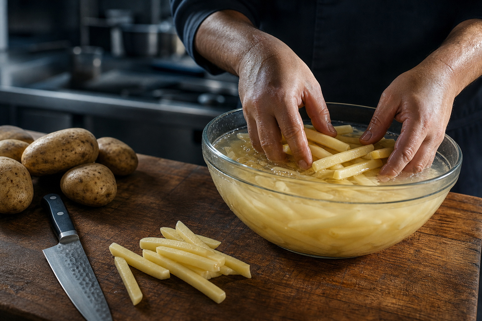 Cortar y remojar papas para preparar How to Make Currywurst