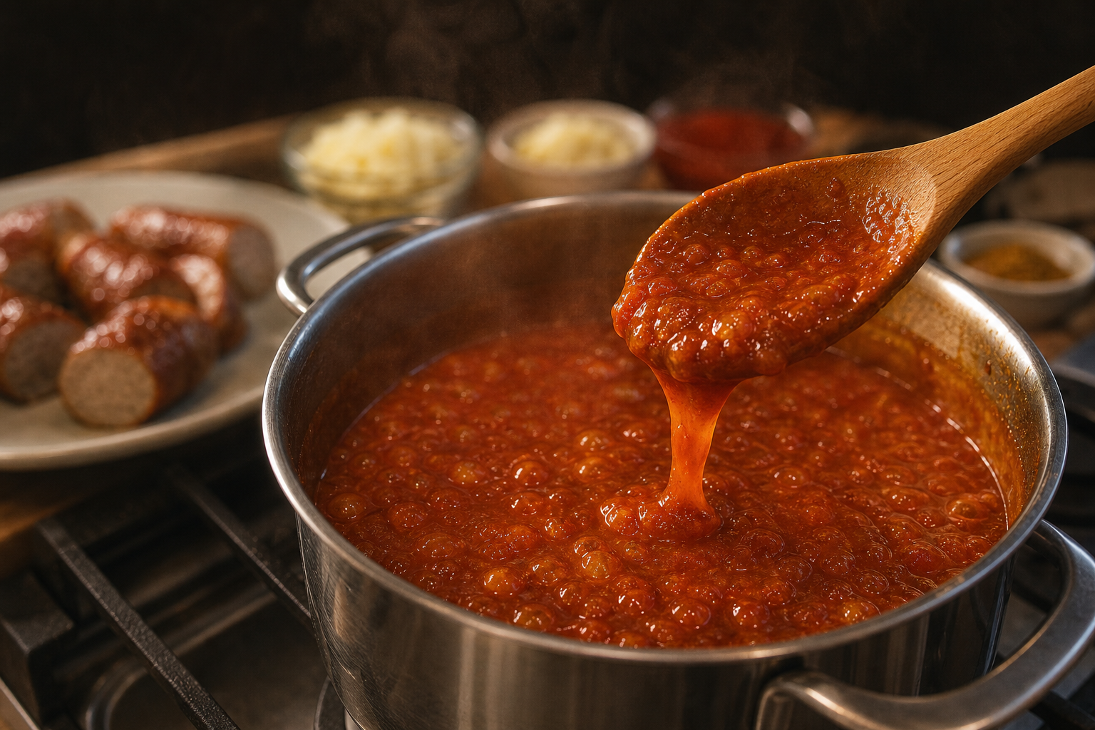 Reducir la salsa para preparar How to Make Currywurst