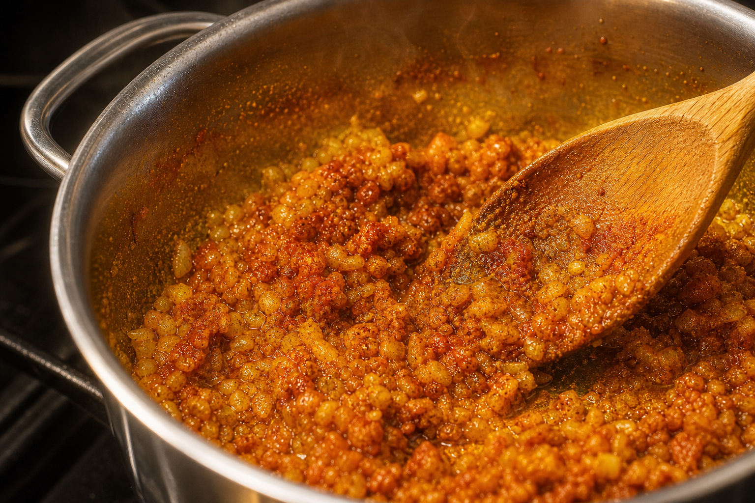 Tostar las especias para preparar How to Make Currywurst