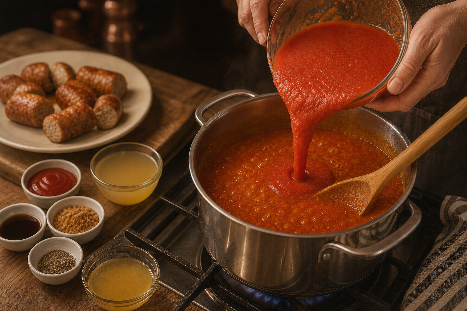 Incorporar los líquidos para preparar How to Make Currywurst