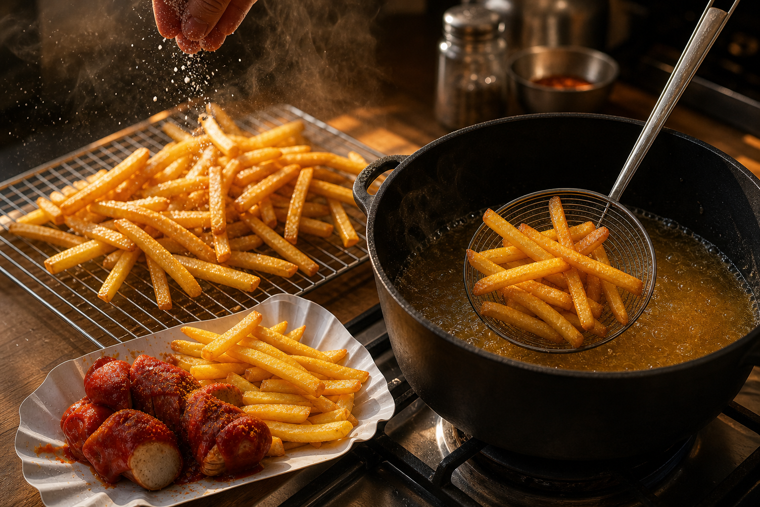 Dorar y sazonar papas para preparar How to Make Currywurst