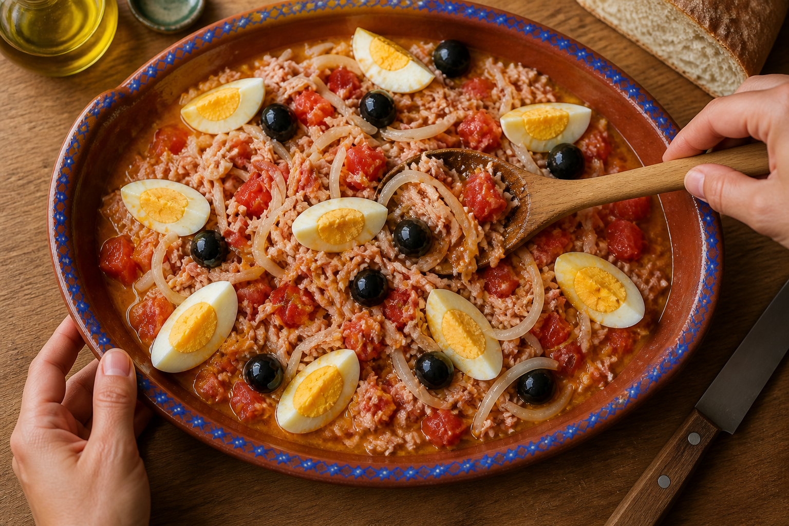 Incorporar huevos y aceitunas para preparar Cómo hacer Moje, una receta tradicional de España