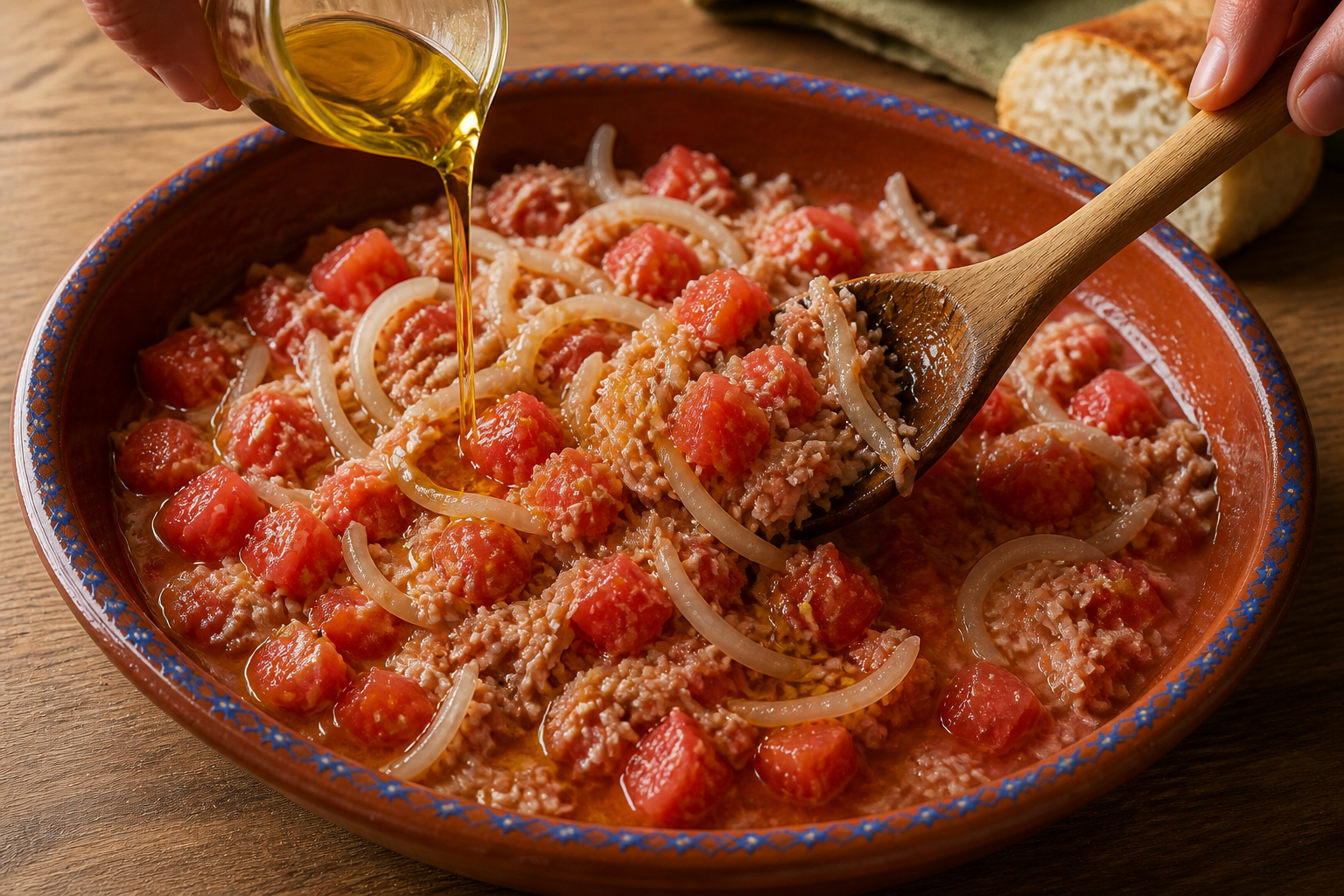 Aliñar la ensalada para preparar Cómo hacer Moje, una receta tradicional de España