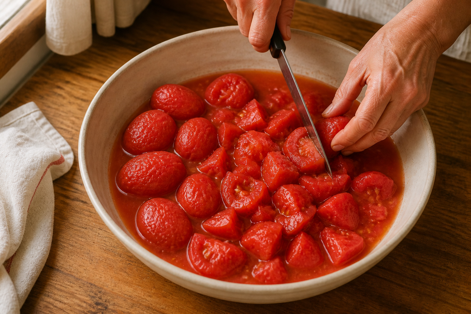 Trocear los tomates para preparar Cómo hacer Moje, una receta tradicional de España