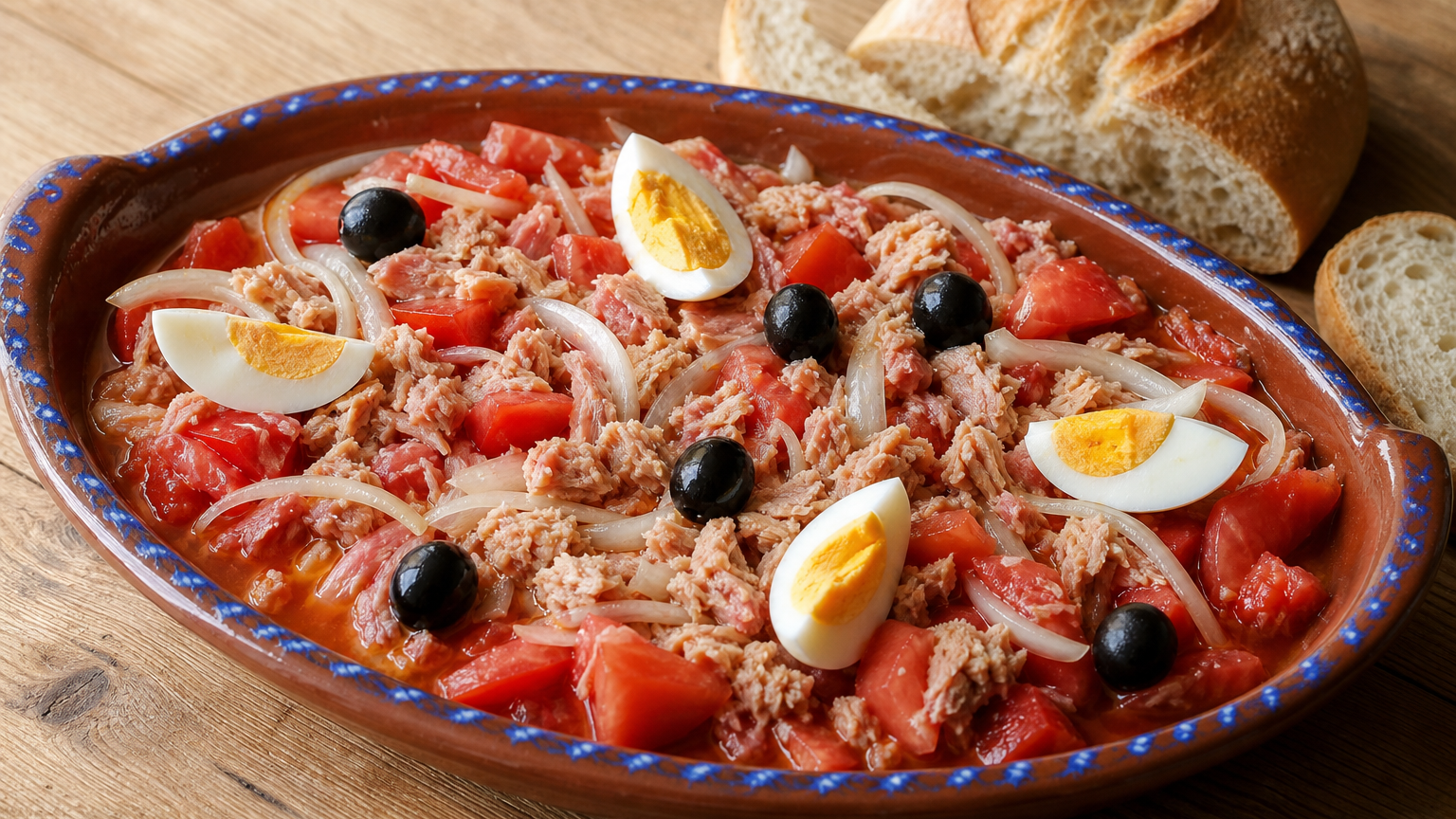 Moje murciano servido en una fuente con tomate, atún, huevo cocido, cebolla y aceitunas negras