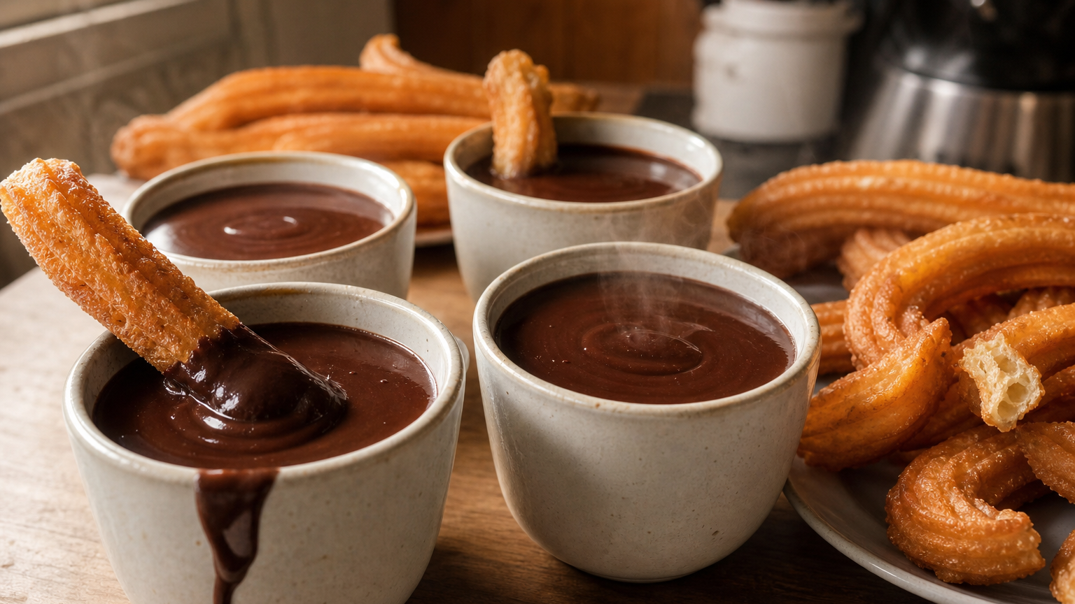 Tazas de chocolate a la taza Paladín Maestro, espeso y brillante, acompañadas de churros