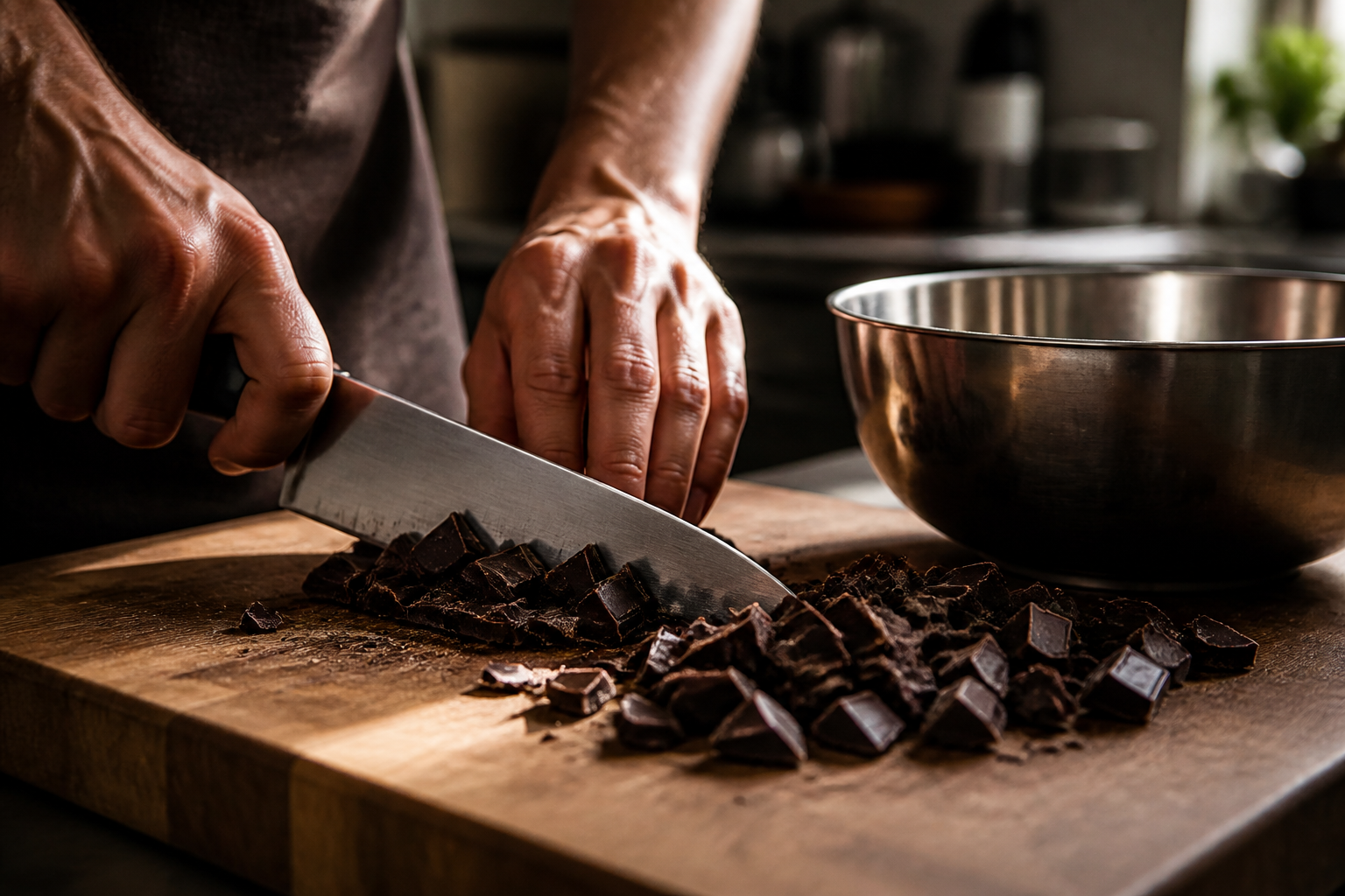 Picar el chocolate para preparar Cómo hacer Paladín Maestro, una receta tradicional de España