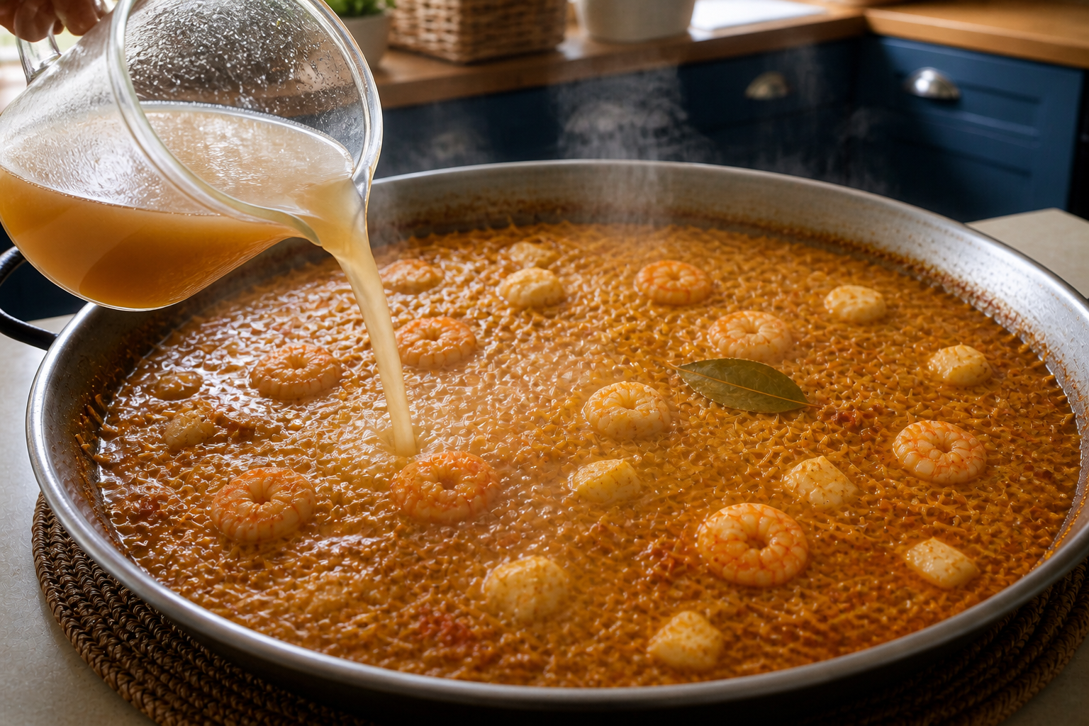 Agregar el caldo para preparar Cómo hacer Rossejat, una receta tradicional de España