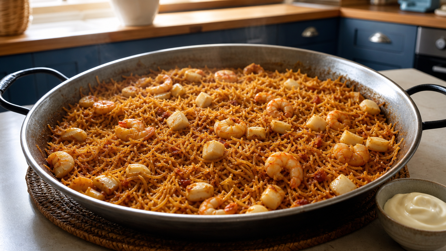 Rossejat de fideos tostados con sepia, gambas y alioli servido en paella