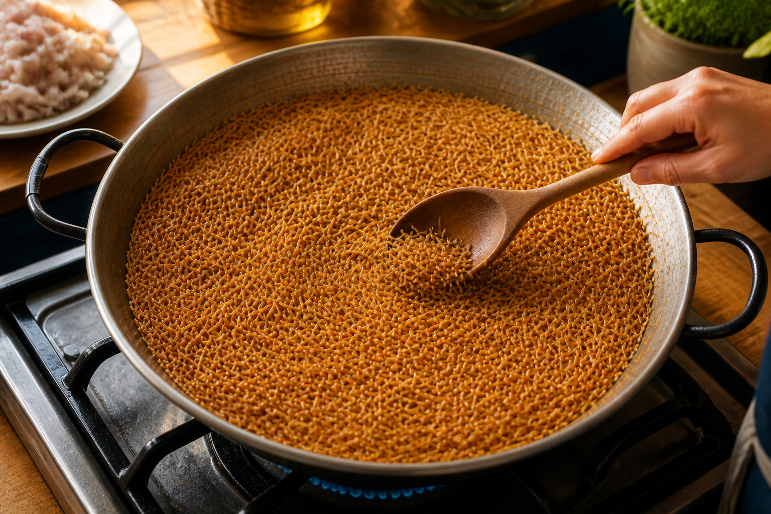 Tostar los fideos para preparar Cómo hacer Rossejat, una receta tradicional de España