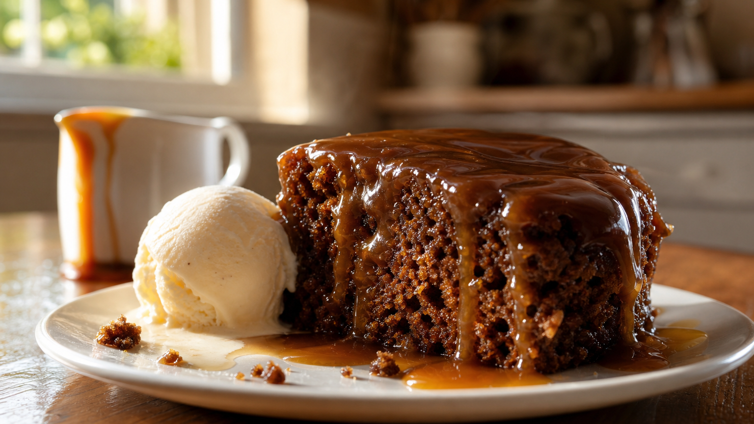 Sticky Toffee Pudding británico de dátiles con salsa de toffee caliente y helado de vainilla