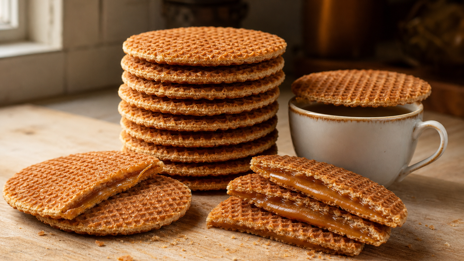 Stroopwafels caseros dorados con relleno de caramelo y canela, servidos junto a una taza de café