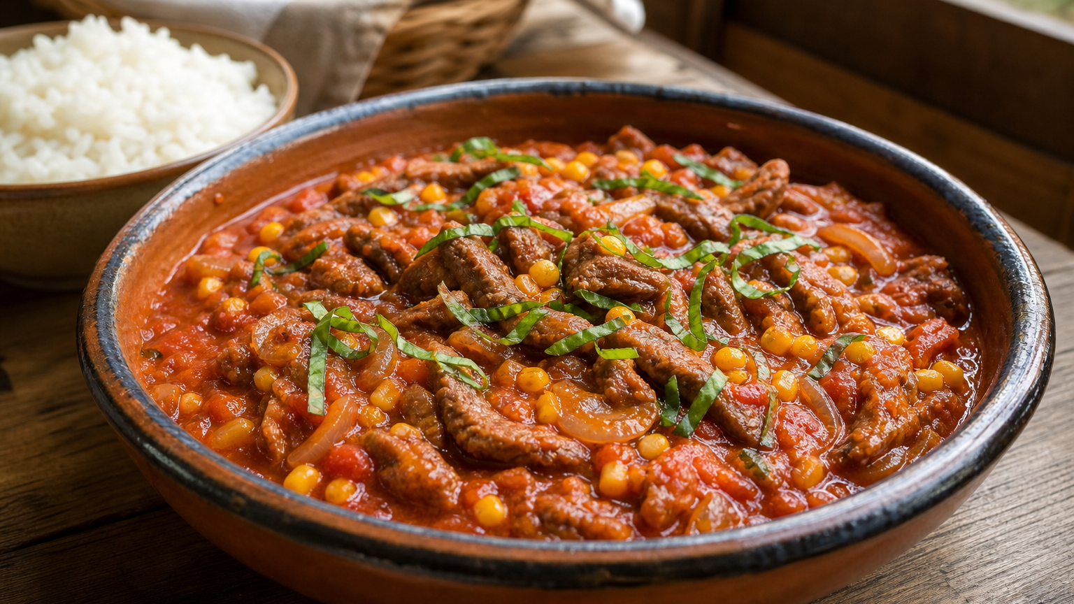 Tomaticán chileno servido caliente con carne, tomates, choclo y cebolla en una salsa jugosa