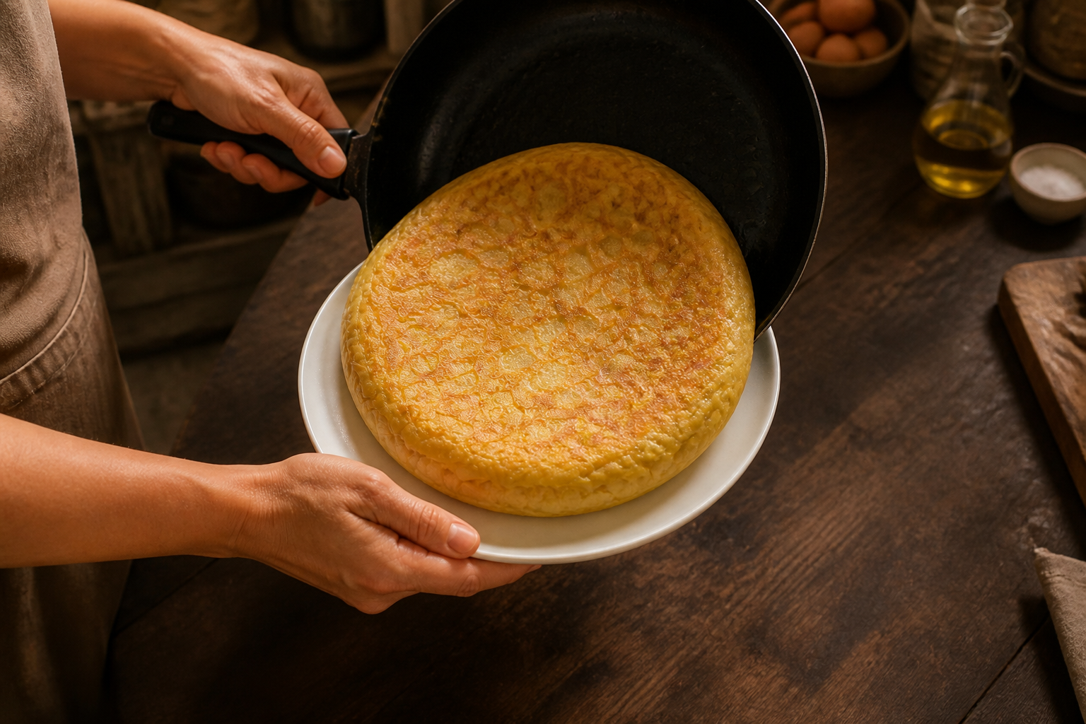 Dar la vuelta para preparar Cómo hacer Tortilla Espanola, una receta tradicional de España