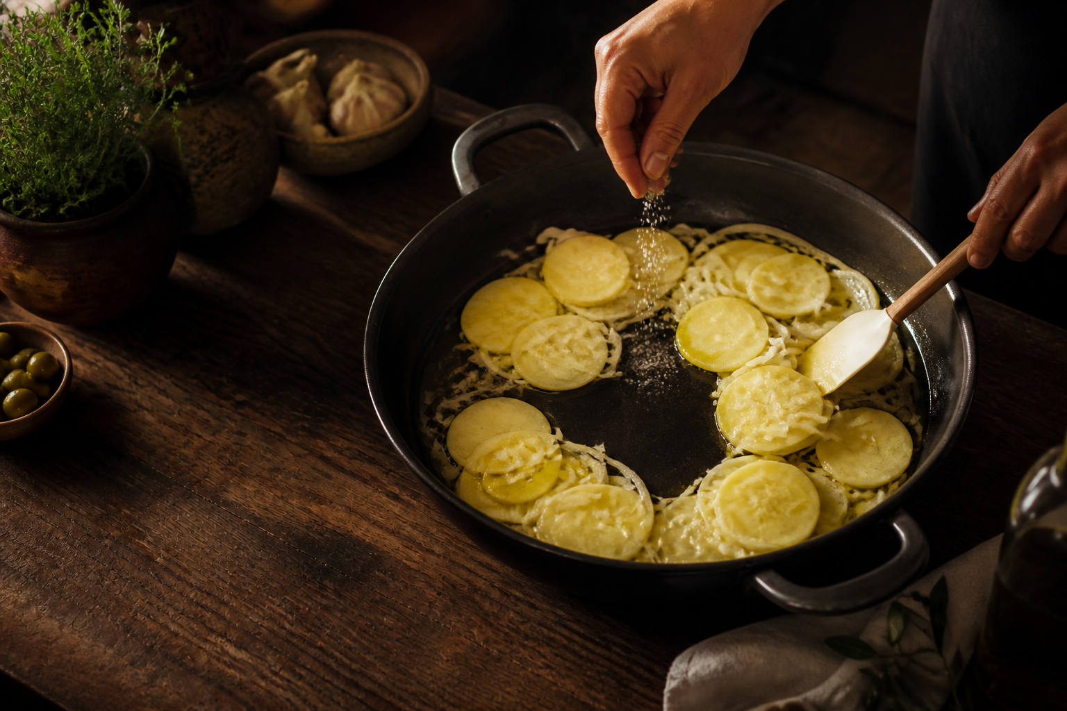 Sazonar las patatas para preparar Cómo hacer Tortilla Espanola, una receta tradicional de España